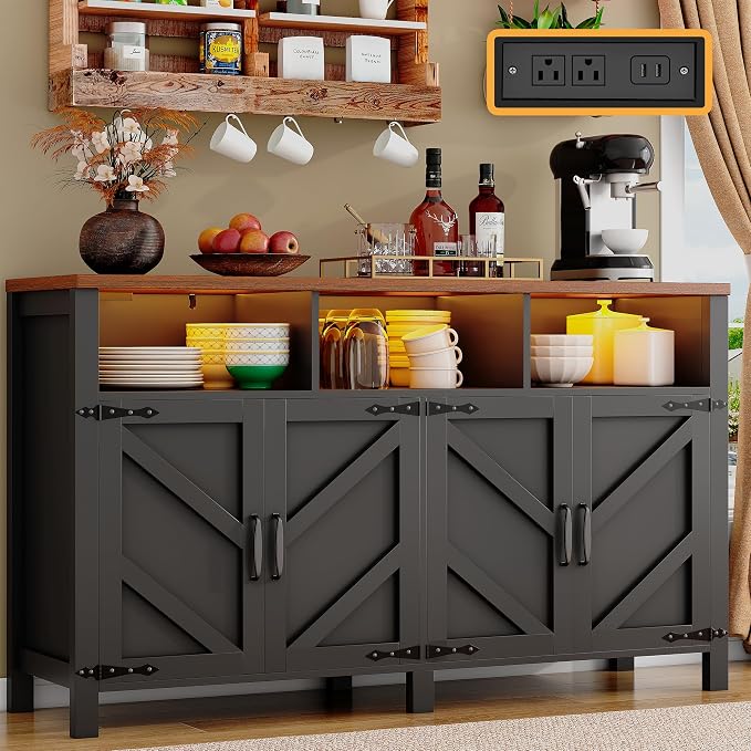 knoworld Buffet Sideboard with Storage with Power Outlets & LED Light 4 Doors by KNOWORLD