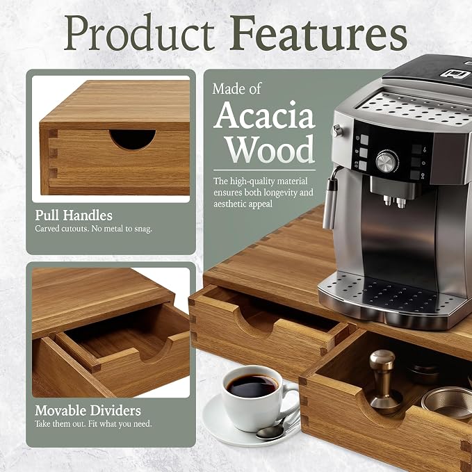 Acacia Wood K Cup Drawer Under Coffee Maker, 30 Pod Wooden K Cup Organizer - Image 3