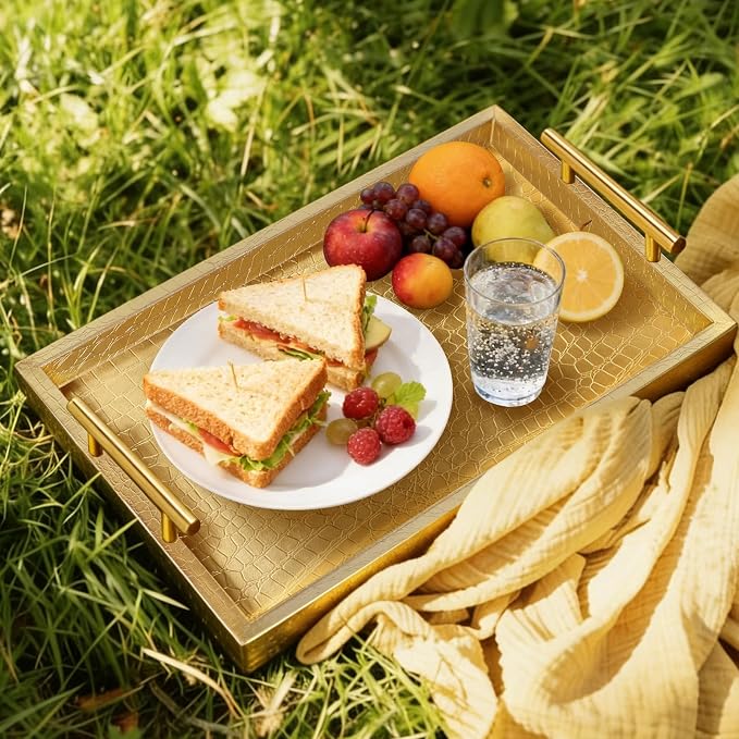 SXNOWS 17"x12" Gold Faux Leather Serving Tray - Image 2