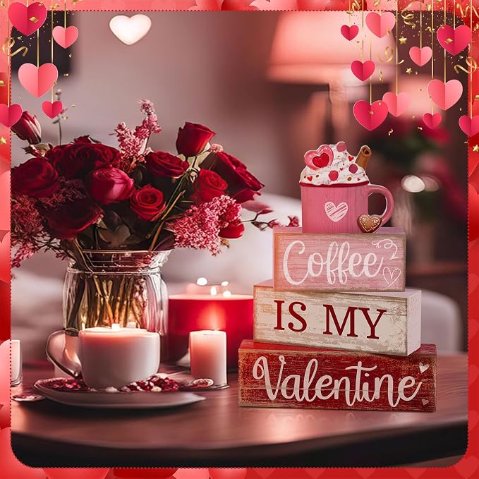 Lineshading 4 Pcs Valentine's Day Table Decor Wooden Cocoa Decoration - Image 5