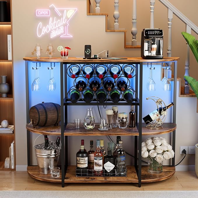 VICTONE Wine Bar Cabinet with LED Lights and Power Outlets, Freestanding Liquor by VICTONE