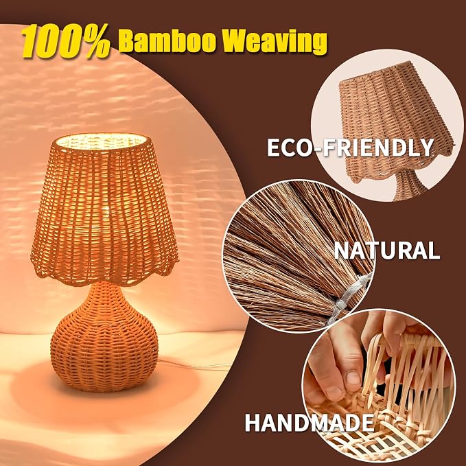 Ziqqeelam Rattan Table Lamp for Bedroom, Boho Small Table Lamps for Bedside - Image 4