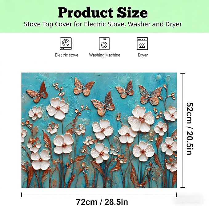 Turquoise Butterfly Floral Stove Top Cover 28.3 x 20.5 Inches, Heat Resistant - Image 2