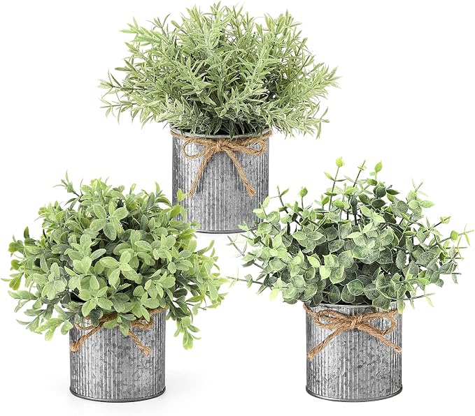 Mkono Small Fake Plants in Farmhouse Galvanized Metal Pots 3 Pack Potted by Mkono