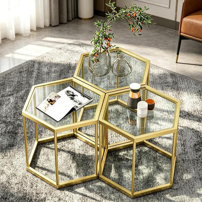 Hexagonal Modular Coffee Table, Tempered Glass Top, Geometric Accent Side Table by LUGSHIREE