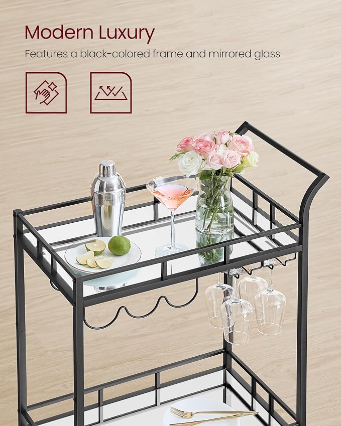 VASAGLE Bar Cart Black, Home Bar Serving Cart, Wine Cart - Image 4