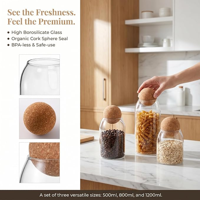 3 Pack Glass Storage Jar with Ball Cork Lid, Cute Decorative Round Glass - Image 3