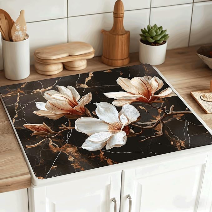 Black Gold Magnolia Stove Top Cover 28.3 x 20.5 Inches, Heat Resistant Glass - Image 4