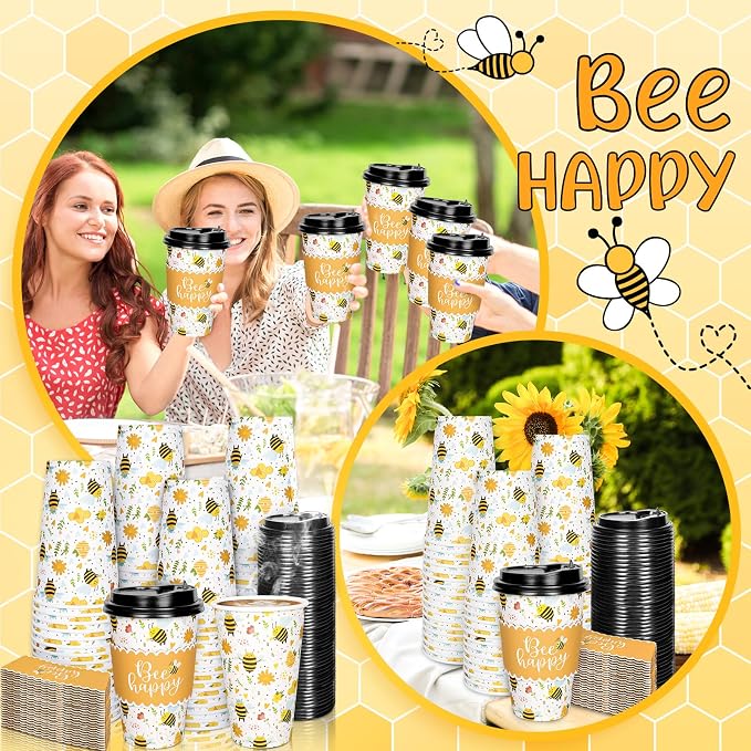 Whaline 50 Pcs Summer Bee Disposable Coffee Cups - Image 7