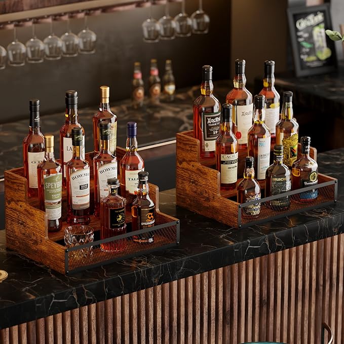 2 Pack 3 Step Countertop Liquor Bottle Display Shelf, Wood Bar Shelves 12 - Image 2