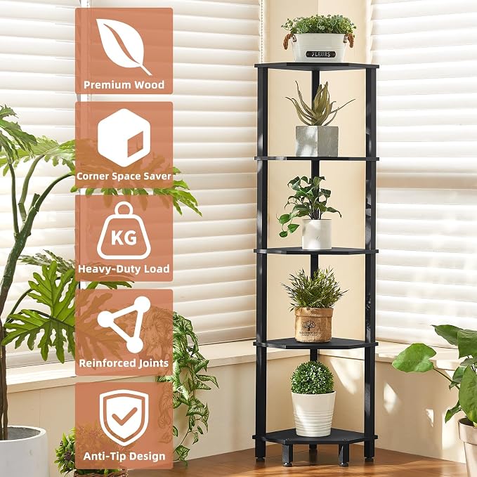 YUFAM 5-Tier Corner Shelf with Sturdy 5-Leg Base, Wooden Corner Bookshelf - Image 3