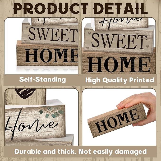 Moucuny 4 Pcs Wooden Farmhouse Tabletop Decor Rustic Home Tiered Tray Decor - Image 5