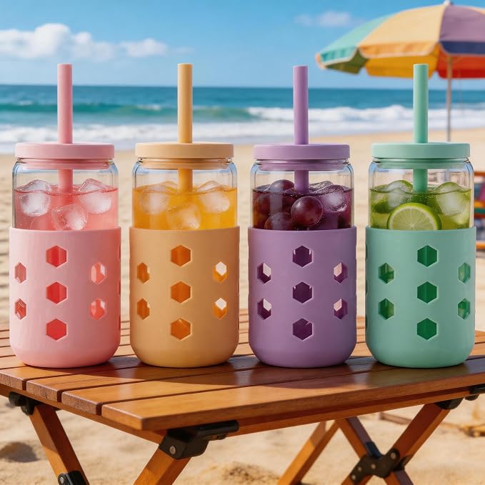Mrsdry Glass Cups with Lids and Straws, 16oz Drinking Glasses Set with Silicone - Image 3