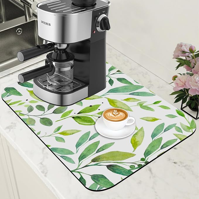 Dish Drying Mat Watercolor Green Leaves Coffee Bar Mat by Unknown