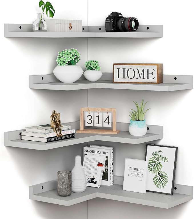 4 Tier Floating Corner Shelves Grey Set of 4, Rustic Pine Wooden Floating by Eostbe