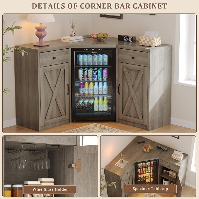 Coffee Bar Cabinet with Fridge Space, Corner Bar Cabinet with Fridge Space - Image 3