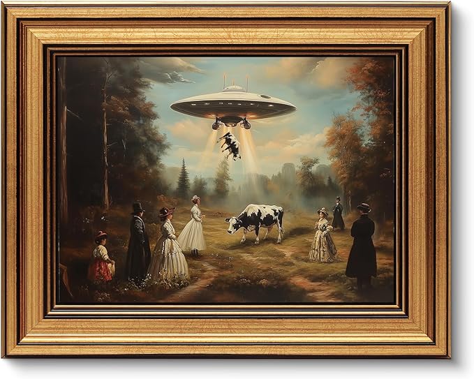 ARPEOTCY Gold Framed Canvas Wall Art, 8x10 Inch Funny Vintage UFO Farm Scene by ARPEOTCY