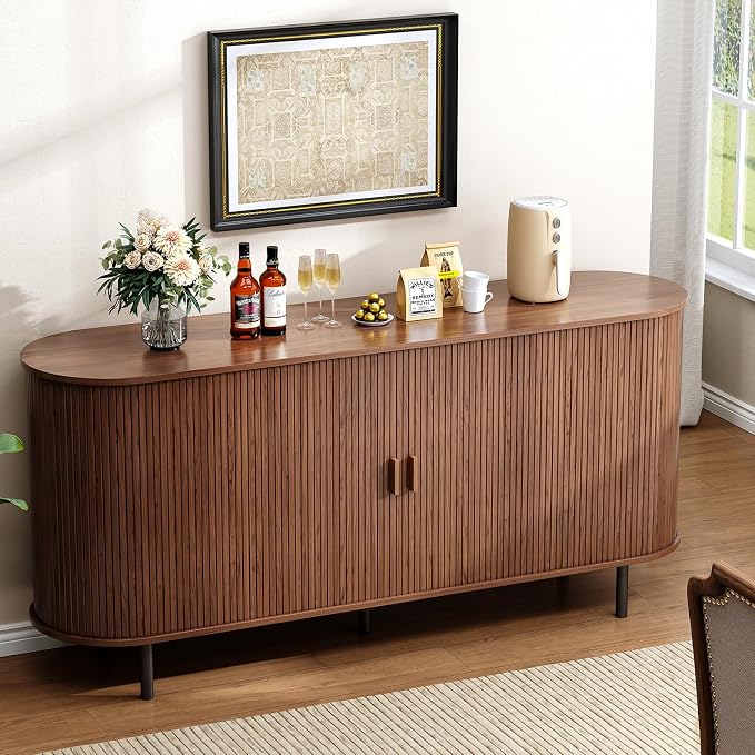 Buffet Cabinet with Storage, Fluted Sideboard Buffet with Sliding Door - Image 6