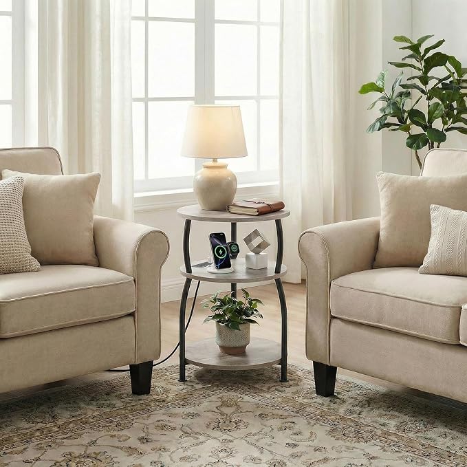 Round Side Table with Power Outlet & USB Ports, 3-Tier End Table with Storage - Image 6