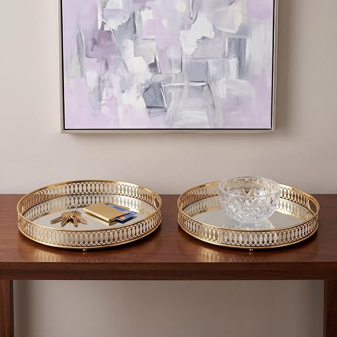 Yikinip12 Inch Round Glass and Gold Round Tray Set of 2，Dinner Plate Perfume - Image 3