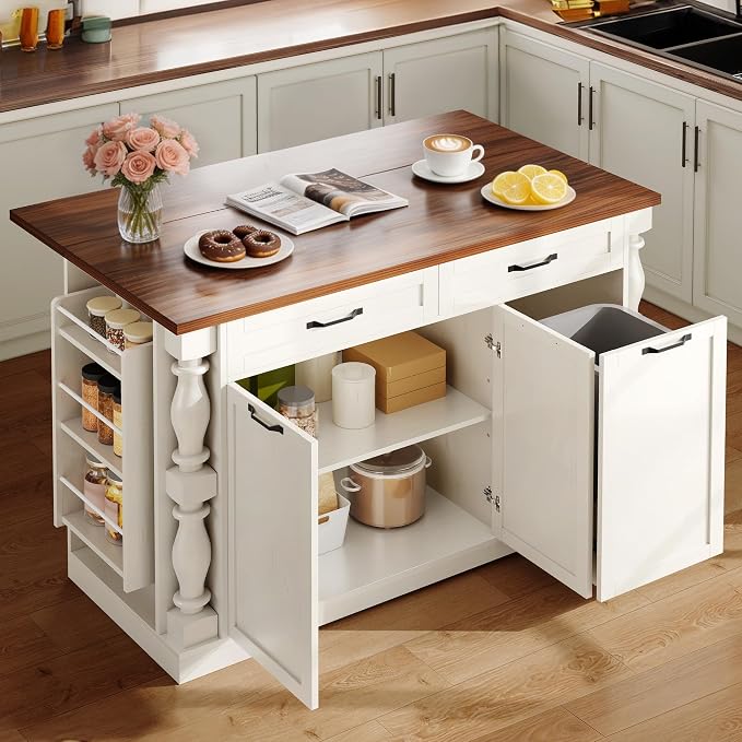Kitchen Island with Power Outlet & Trash Cabinet, 47.6" Roman Style Rolling - Image 8