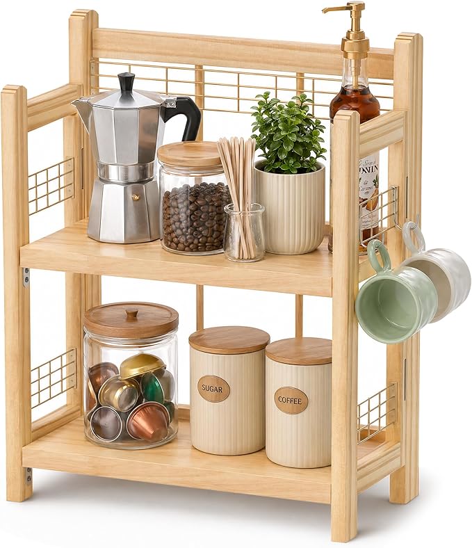 No-Assembly Coffee Bar Organizer, 2-Tier Coffee Station Shelf | Foldable Oak by JNFUZ