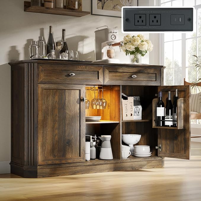 47" Wine Bar Cabinet with LED Light & Power Outlets, 2 Door Coffee Bar Cabinet - Image 6