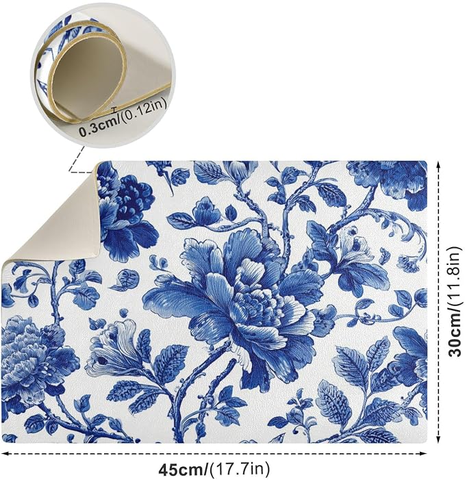 Blue and White Flowers Leaves Coffee Mat Coffee Bar Maker Backed Absorbent - Image 3