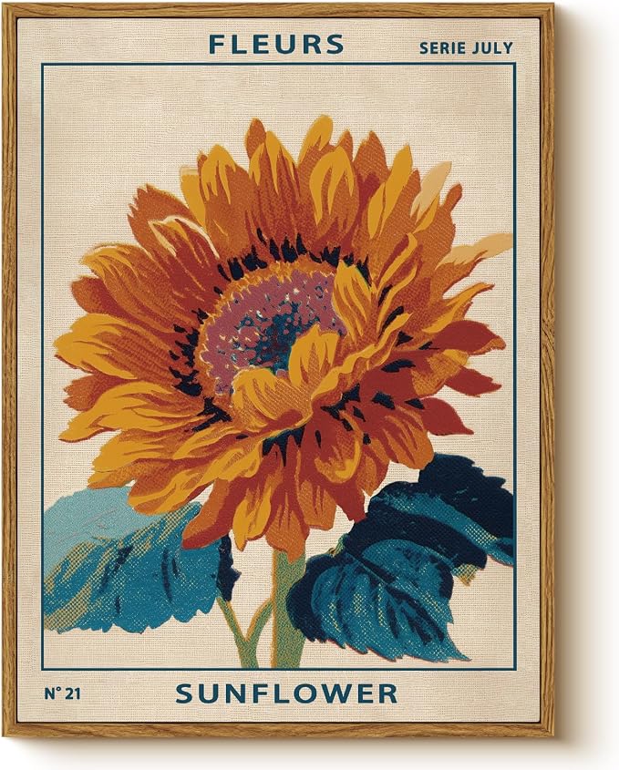Vintage Sunflower Serie July Wall Art Framed Canvas Print 12x16, Retro by WHASAYART
