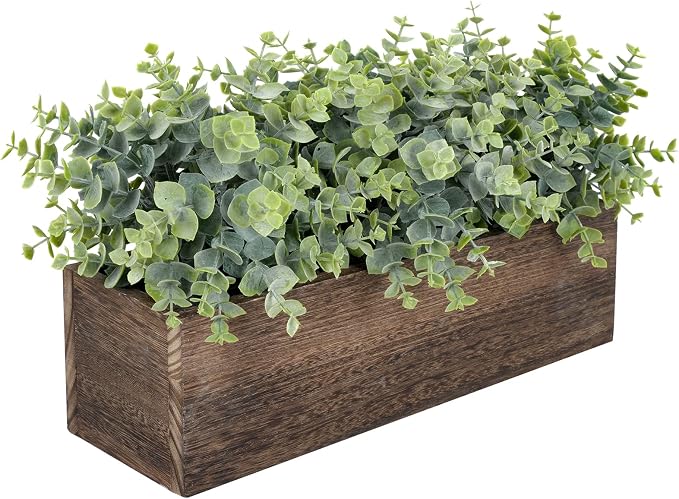 Velener 14" Artificial Eucalyptus Plants in Rustic Rectangular Wooden Planter - Image 9
