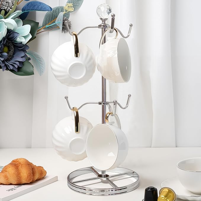 Mug Tree Coffee Cup Holder for Counter Top 6 Hooks | Double Tier Metal Mug Tree by LWXPAIYY