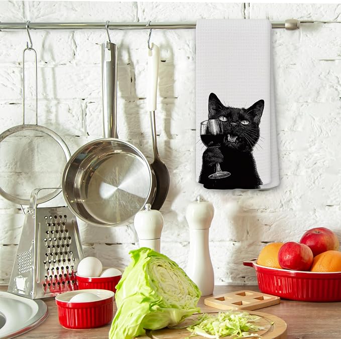 Funny Black Cat Wine Kitchen Towels, Gifts - Image 3