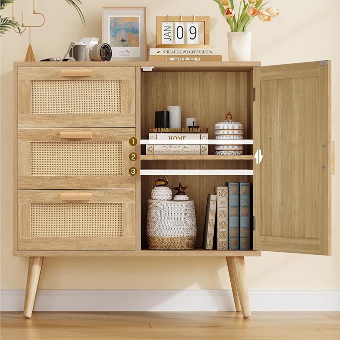 TEENFON Storage Cabinet with Rattan Door & 3 Drawers, Rattan Cabinet with - Image 4