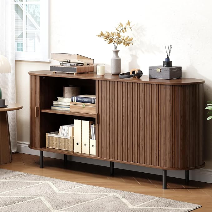 Buffet Cabinet with Storage, Fluted Sideboard Buffet with Sliding Door - Image 7
