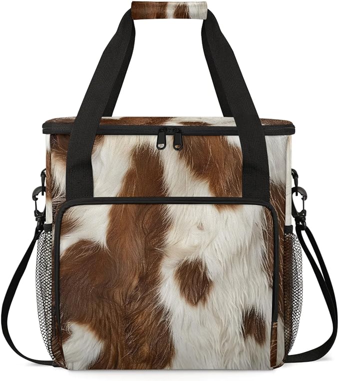 Cow Skin Brown And White Coffee Maker Carring Bag, Large Insulated Storage by Home