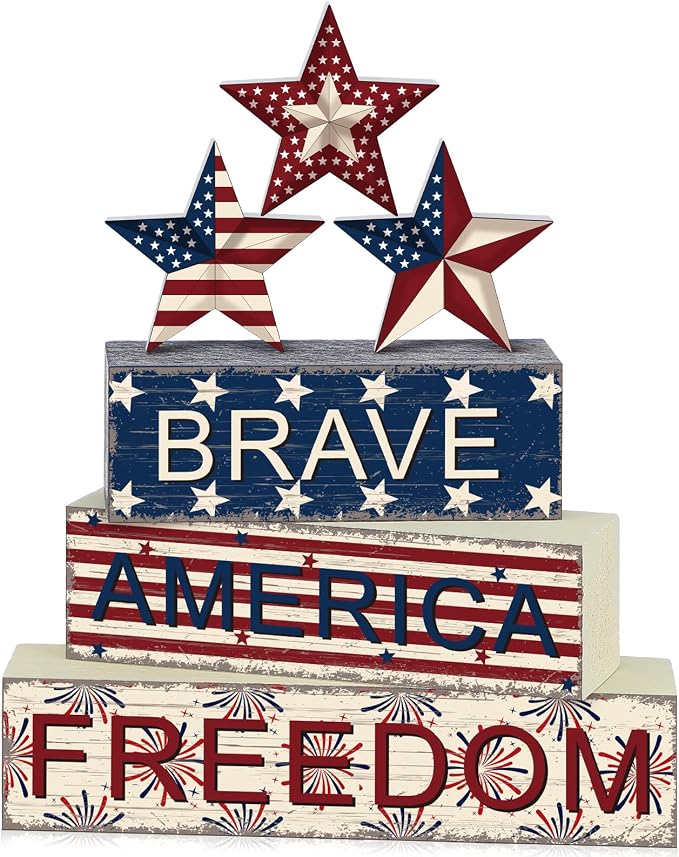 Geelin 6 Pieces 4th of July Table Decorations Patriotic Wooden Block Signs by Geelin
