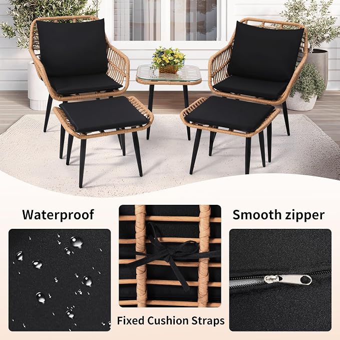 KROFEM 5 Piece Wicker Bistro Patio Conversation Furniture Set, Includes 2 Chairs - Image 5