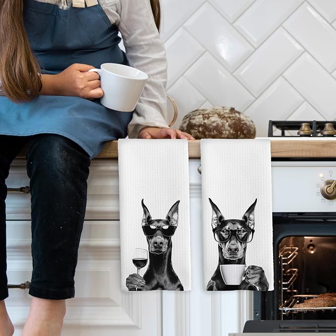 Funny Doberman Kitchen Towels Set of 2, Funny Dog Kitchen Accessories, Coffee - Image 3