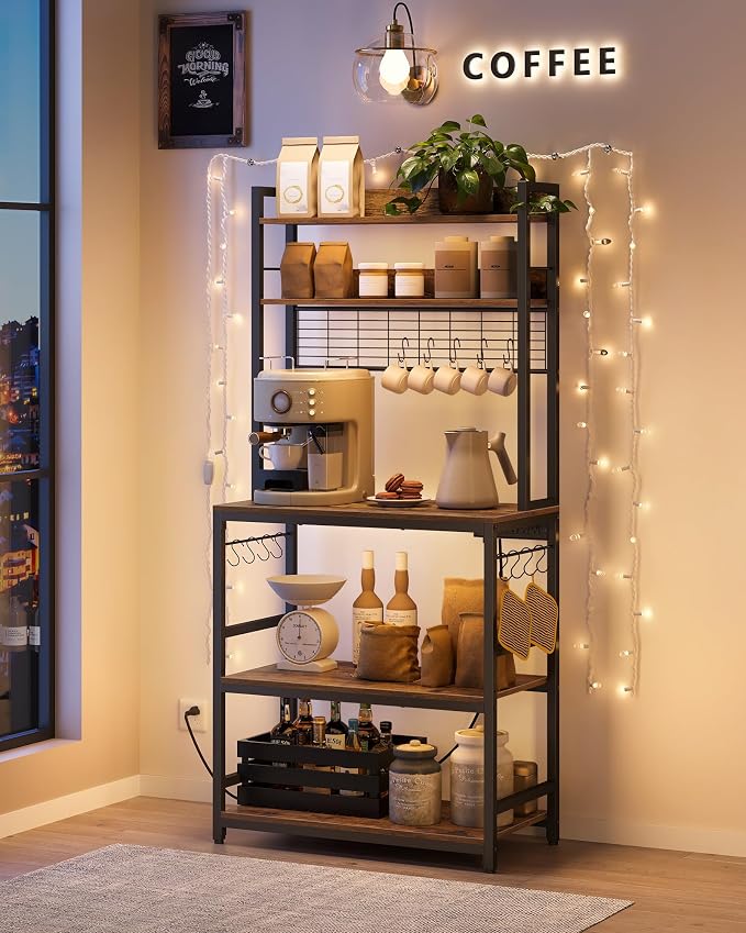 VASAGLE Bakers Rack with Power Outlet, Microwave Stand, Kitchen Tall Utility - Image 2