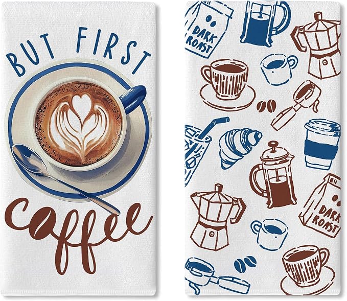 But First Coffee Kitchen Dish Towels Set of 2, Coffee Bean Utensils Cup Bread by Croar