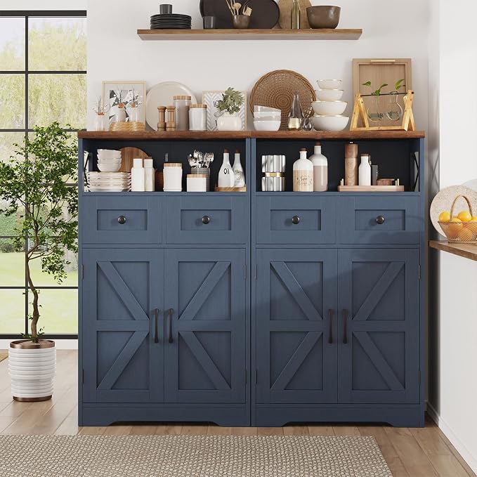 Blue Farmhouse Storage Cabinet Set of 2, Small Kitchen Pantry Storage Cabinet - Image 4