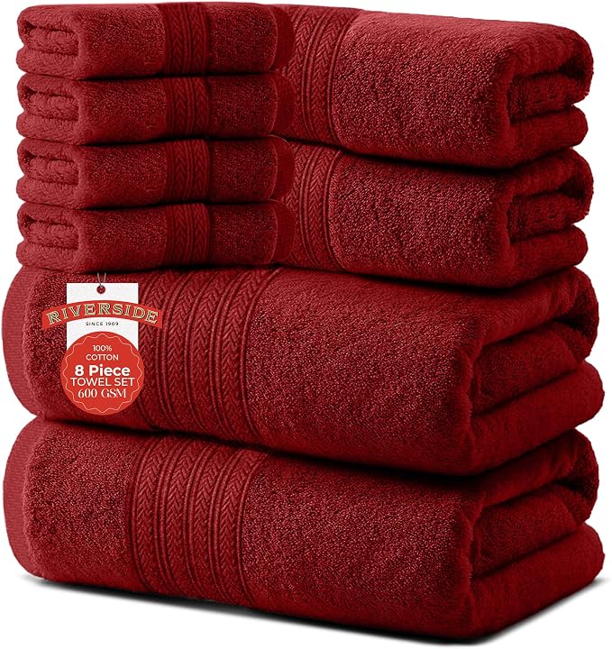 RIVERSIDE Pack of 8 Towels Set, 2 Large Bath, 2 Hand, 4 Face Washcloths by RIVERSIDE