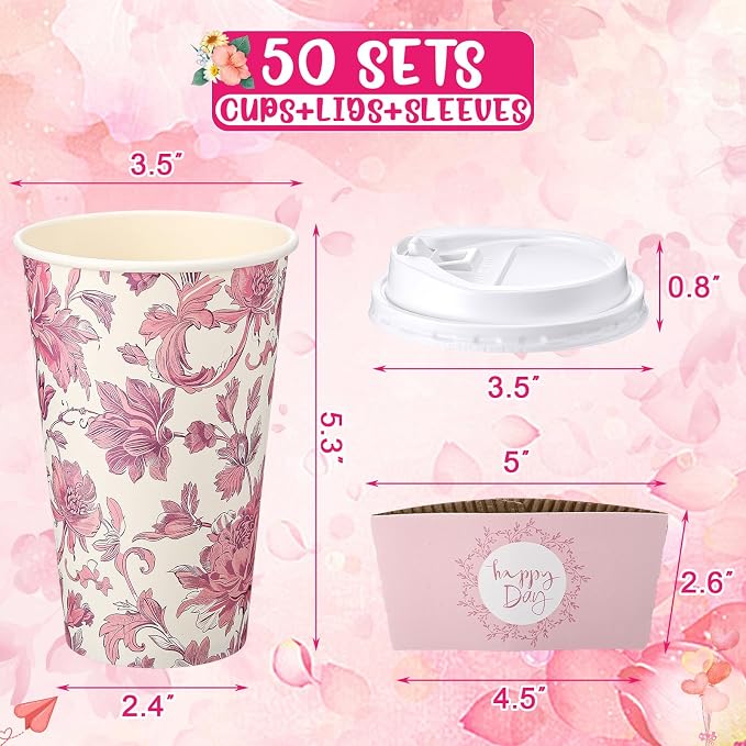 Lallisa 50 Pack 16oz Pink Floral Disposable Coffee Cups - Image 2