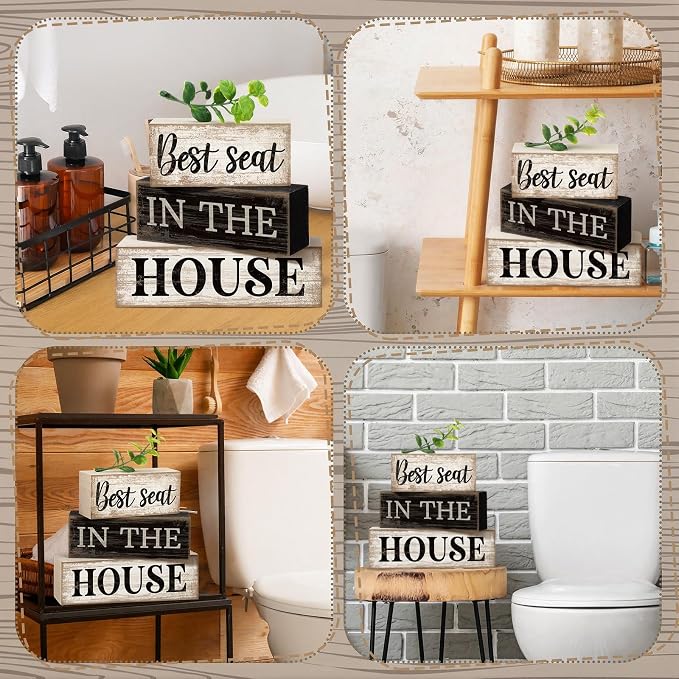 Moucuny 4 Pcs Bathroom Shelf Decor Signs Farmhouse Best Seat in the House - Image 4