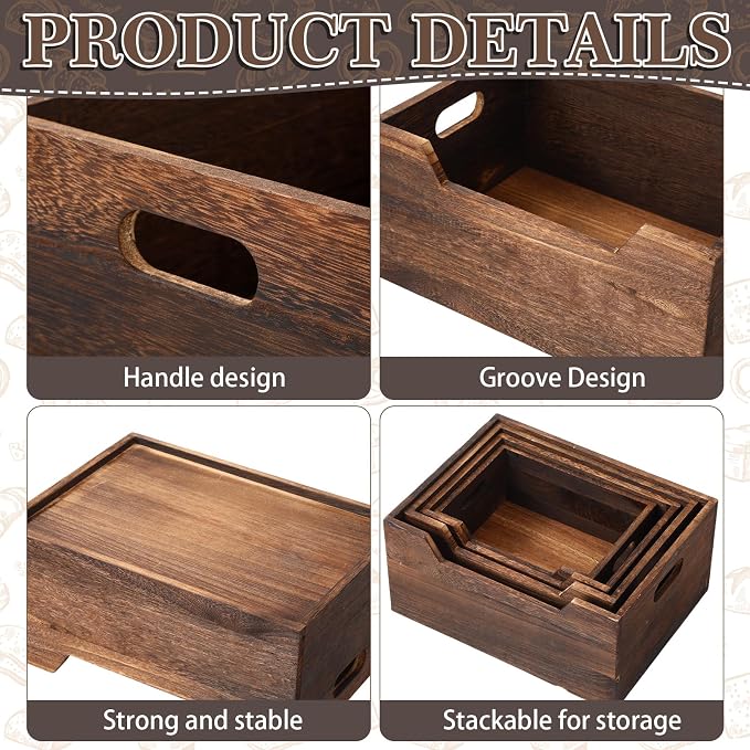 Chunful 4 Pack Wood Crates Nesting Storage Baskets Decorative Farmhouse Wooden - Image 4
