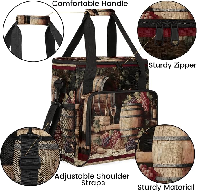 Vintage Wine And Ripe Grapes Coffee Maker Carring Bag, Large Insulated Storage - Image 7