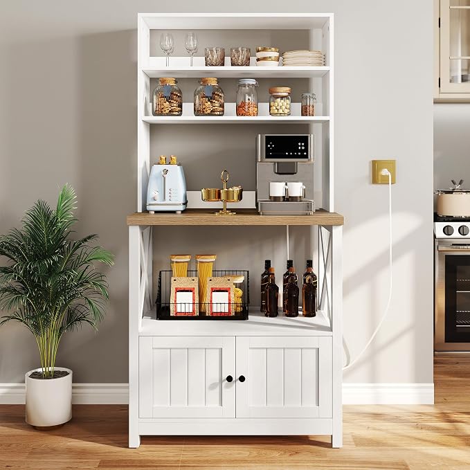 YITAHOME White Microwave Stand Bakers Rack Cabinet, Farmhouse Freestanding by YITAHOME