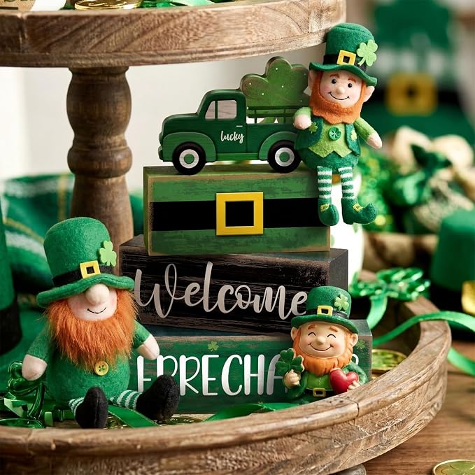 Lineshading 4 Pcs St Patricks Day Table Decor Leprechaun Wooden Stacked Blocks - Image 2
