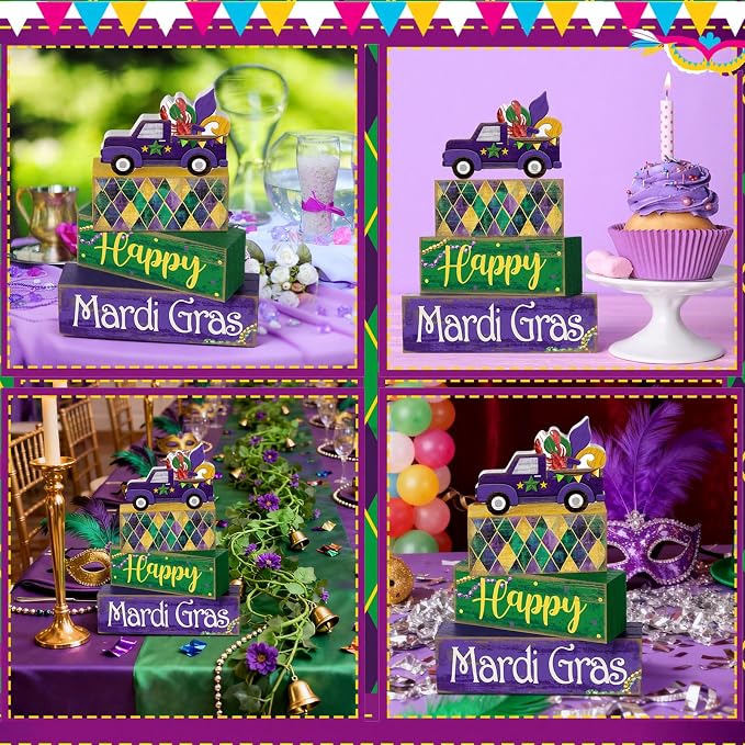 Lineshading 4 Pcs Mardi Gras Decorations Mardi Gras Table Centerpieces Wooden - Image 4