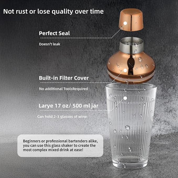 Glass Cocktail Shaker, 17oz Leak-Proof Martini Shaker - Image 2